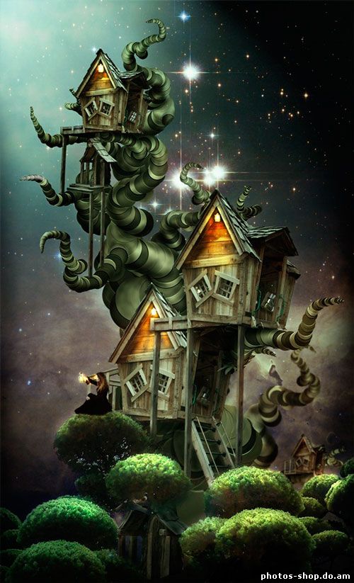 Сюрреалистичная фотоманипуляция «Дерево-дом» рисовать в фотошоп